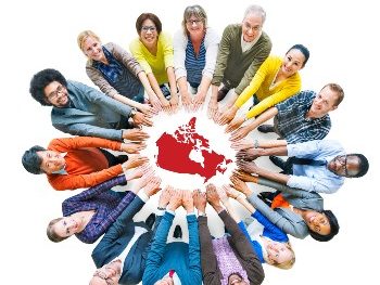 circle of people looking up surrounding canada geographical outline