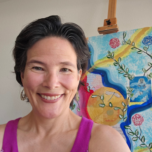 Woman with short dark hair in a purple sleeveless shirt, with a painting of bright colours behind her